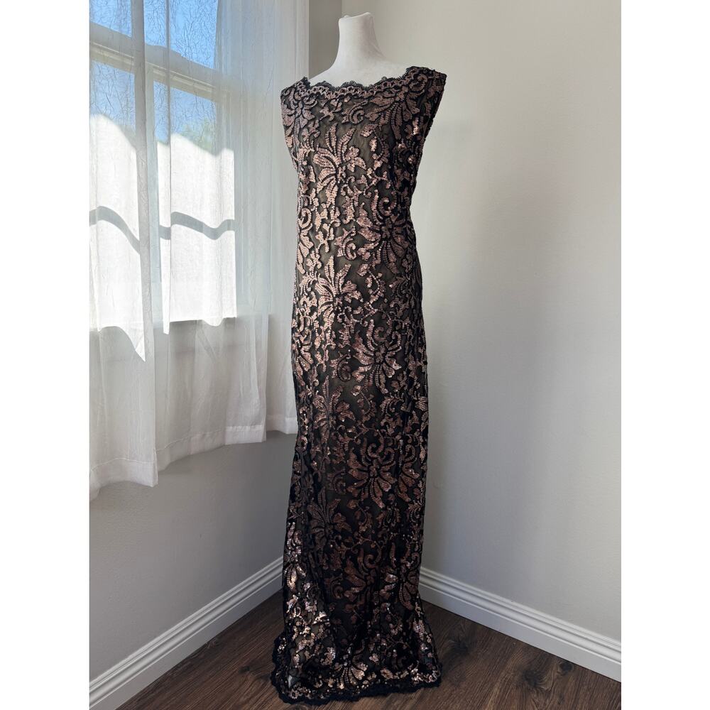 Tadashi Shoji Black & Rose Gold Sequined Floor Length Gown